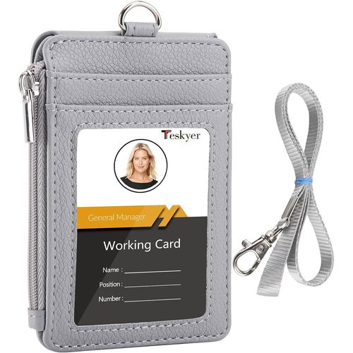 NSIECD-Porte Badge tour de Cou, Portefeuilles de Carte de Crédit Minces, Porte Carte avec Poche à Glissière, 1 Fenêtre d`Identification, peut Contenir Jusqu`à 4 Cartes, Cuir PU, Clair Gris