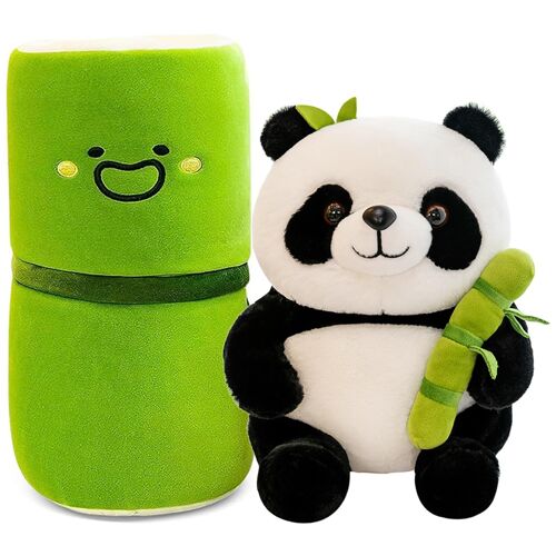 Peluche Panda, 26cm Avec Bambou, Panda Jouet En Peluche, Panda Oreiller En Peluche Poupée, Poilue Panda Jouets En Peluche, Panda Se Cachant Dans Un Sac En Bambou, Pour Enfants
