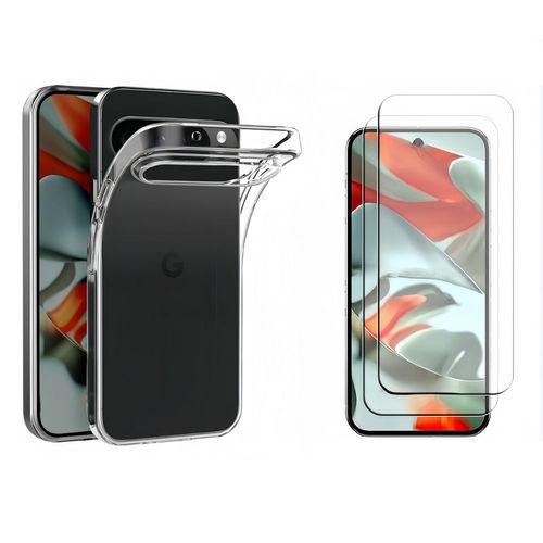 HQSELECTION® Coque pour Google Pixel 9 Pro XL Transparente Silicone en Gel TPU Souple + 2 Verre trempé Film Protection écran - Anti Rayures - Ultra Résistant Dureté 9H