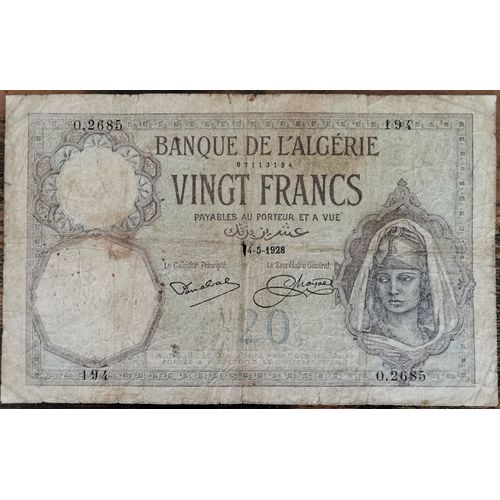 Billet 20 Francs 4 - 5 - 1928 Banque De L' Algérie 0.2685
