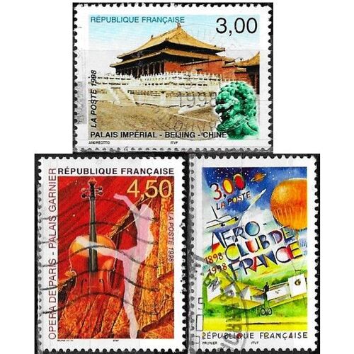 France 1998, Beaux Timbres Yvert 3172 100 Ans De L'aéroclub De France, 3173 Emission France Chine, Palais Impérial, Pékin Et 3181 Opéra De Paris, Palais Garnier, Oblitérés, Tbe.