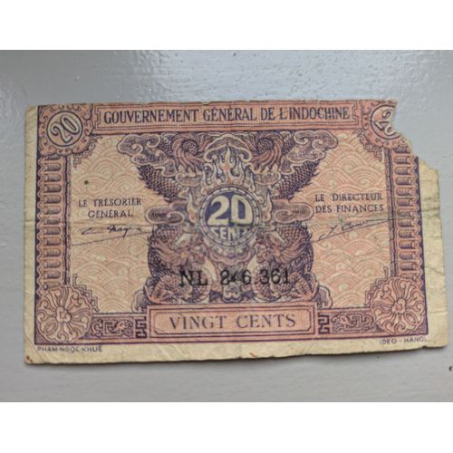 Gouvernement Général De L'indochine. Ancien Billet De 20 Cents