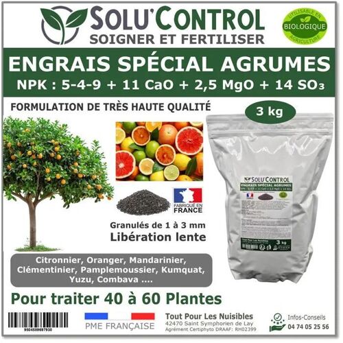 Engrais Spécial Agrumes 3 Kg - Solucontrol - Formulation Organo-Minerale - Citronnier, Oranger, Mandarinier, Clémentinier…