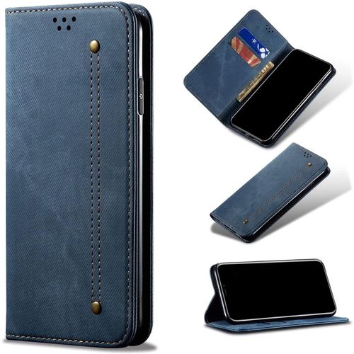 Compatible Avec Etui Huawei Honor Play 5, Flip Jeans Portefeuille Housse Avec Fente Carte, Magnétique Stand+Protecteur D'écran En Verre Trempé*2-Bleu