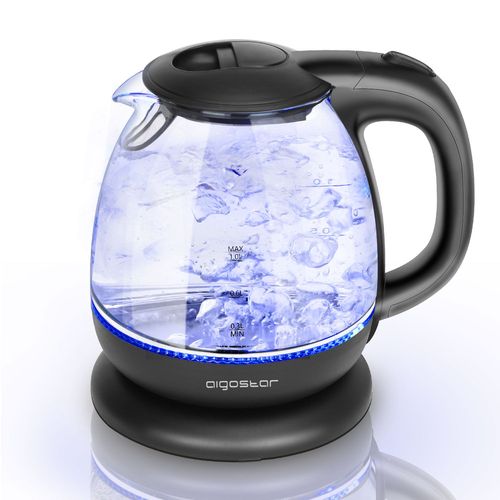 Aigostar Elfin - Bouilloire compacte de 1L et 2200W. Mini bouilloire en verre borosilicaté avec illumination LED bleue. Arrêt automatique et protection contre l¿ébullition à vide, sans BPA.