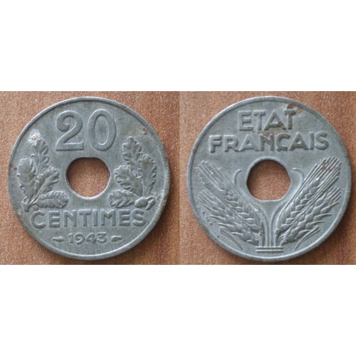 France 20 Centimes 1943 Etat Francais Vichy Piece Franc Centime