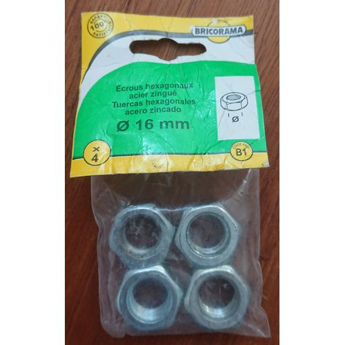 Ecrous hexagonaux- Acier zingué- D 16mm X4- BRICORAMA