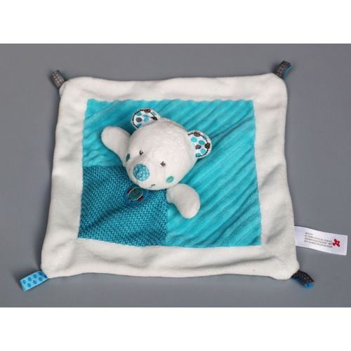 Doudou Ours Plat Blanc Bleu Oiseau Pois Nicotoy