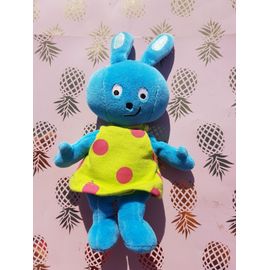 Peluche Doudou Ajena Lapin Bleu Robe Verte A Pois Rose