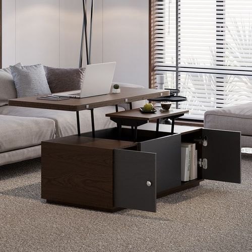 Table Basse Multifonctionnelle Avec Rangement - Noyer & Noir - Style Moderne