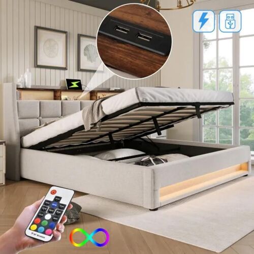 Lit rembourré avec USB 180x200cm, lit double LED avec sommier à lattes en métal (sans matelas)