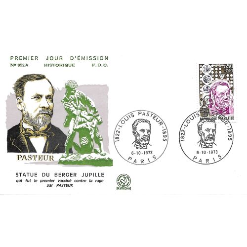 France 1973, Très Belle Enveloppe 1er Jour, Timbre Yvert 1768, Louis Pasteur, Scientifique, Inventeur Du Vaccin Contre La Rage. Belle Illustration Couleur Relief - Le Berger Jupille, Cachet De Paris.