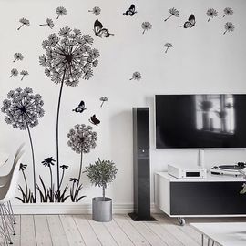 Stickers muraux FLEURS DE PISSENLIT noir (165x130 cm) I papillon plantes branche arbre I autocollant sticker mural pour salon chambre cuisine bureau adulte enfant