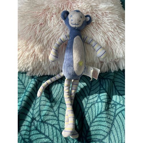Doudou Peluche Obaibi Singe Étoile Jaune Rayé Bleu