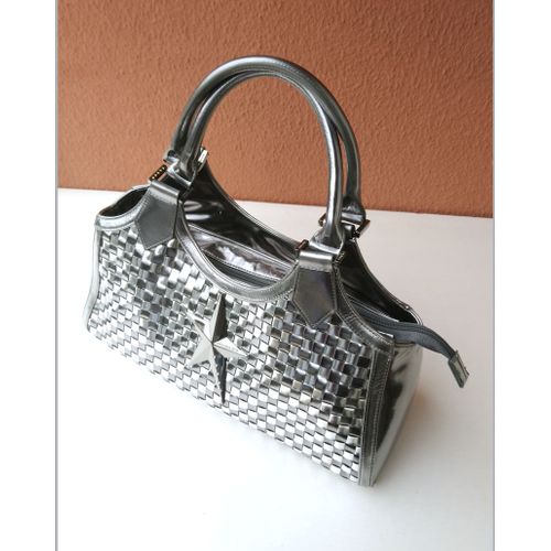 Mugler sac à main verni argent tressage façon damier