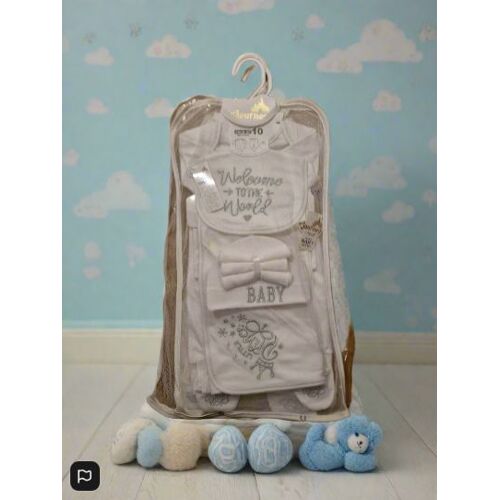 Welcome To The World, Little Prince’ – 10-Piece Baby Gift Set (Silver Lettering, 100% Cotton)