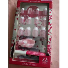 24 Faux Ongles Rose Avec Colle Rose