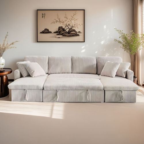 Canapé Panoramique Convertible 4 Places En Velours Côtelé Avec Coffre Mahé - Beige