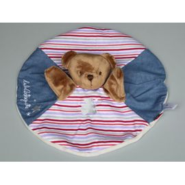 Doudou Ours Marron Plat Rond Bleu Rayé Rouge Lulu Et Castagnette Jemini