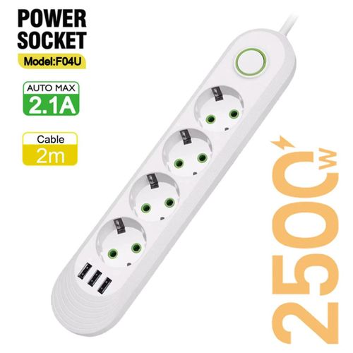 Multiprise, câbles de 2M + 3 ports USB, 4 emplacements de prises.