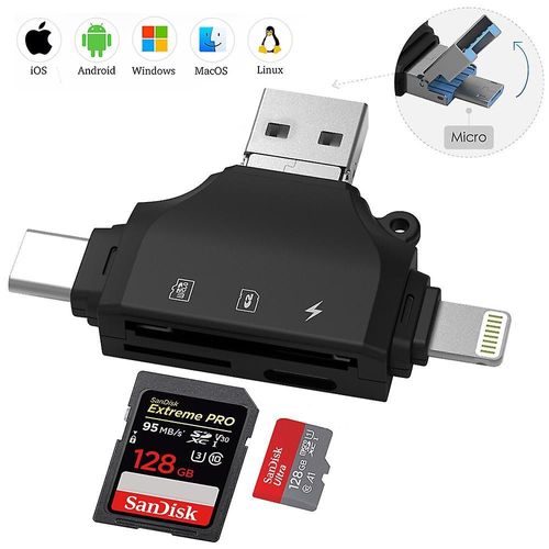 Lecteur de carte SD 4 en 1 pour Lightning, USB, Micro USB, Type-C - Prend en charge les cartes Micro SD/SD de 256 Go