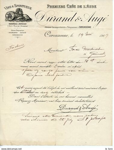 Carcassonne Facture Courrier Commercial Vins Et Spiritueux Durand & Augé 1909