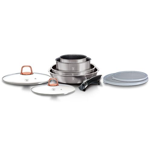 Batterie De Cuisine À Induction 9 Pièces Poignée Amovible Aluminium Antiadhésif, , Gris, Berlinger Haus, Moonlight