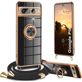 Coque Pixel 7 Avec Lanière Détachable, Anneau Rotatif 360° Support/Béquille, Étui Antichoc Magnétique Réglable Collier Pour Google Pixel 7 - Noir
