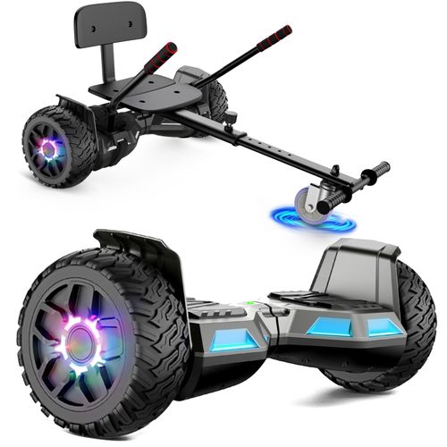 Sisigad Hoverboard Tout Terrain 8,5" + Hoverkart, Avec Musique Bluetooth, Batterie 18v/5.2ah, Moteur 160w, Autonomie 8-15km, Éclairage Led,Pour Adolescents Et Adultes-Noir