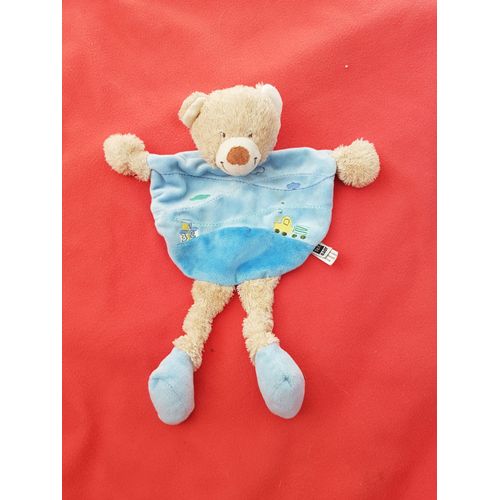 Doudou Plat Tex Train Brodé Bleu