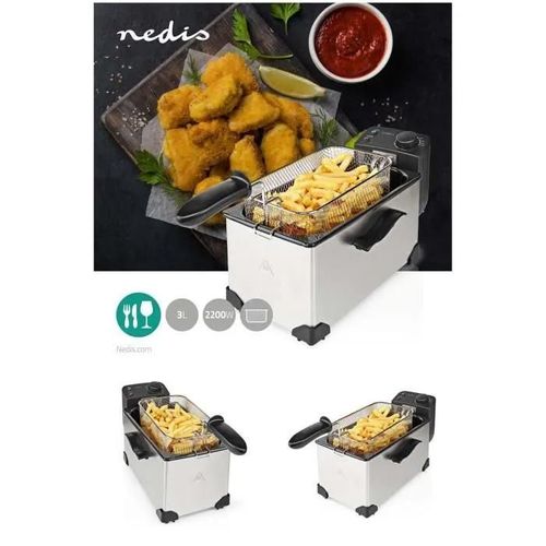Friteuse à Huile 3L INOX Acier inoxydable 2200 W 90 °C 190 °CCouvercle anti-éclaboussure - 1 panier à frire - Filtre - 0 À 190°