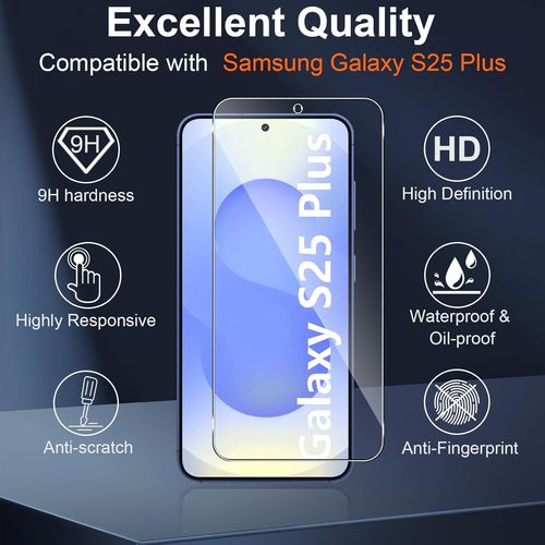 CAUC-Verre Trempé pour Samsung Galaxy S25 Plus, 2+2 Pièces Protection D'écran Film et Caméra Arrière Protecteur Avec Outils d'installation, 9H Dureté Haute Définition Sans Bulles
