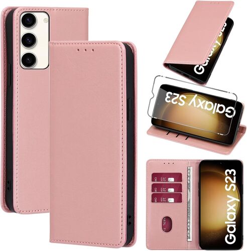 SJZG-Coque Cuir Pour ¿¿¿¿¿¿¿ ¿¿¿¿¿¿ ¿¿¿ ¿¿ Avec 1 Verre Trempé Etui À Rabat En Pu Porte-Cartes Portefeuille Support Flip Housse Magnétique Antichoc Anti-Rayures Case 6.1"",Rose-Gold