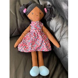 Poupée Chiffon Doudou Métisse Marron Bleu Robe Fleurs 40cm Zeeman