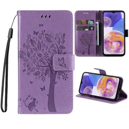 Coque Portefeuille En Cuir Violet À Motif Arbre En Relief Odeydo Pour Samsung Galaxy S24 Fe, Étui À Rabat