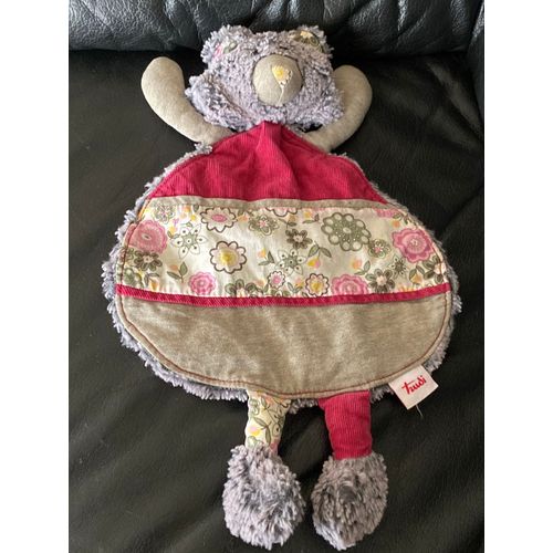 Doudou Plat Ours Rond Marron Gris Rouge Fleur Rose Trudi 33cm