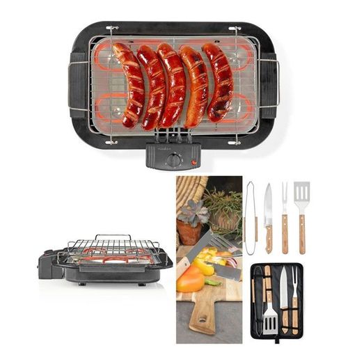 Barbecue électrique de table 2000 W Dim 38.5 x 22cm pour intérieur ou extérieur + SET DE 4 USTENSILES A BARBECUE