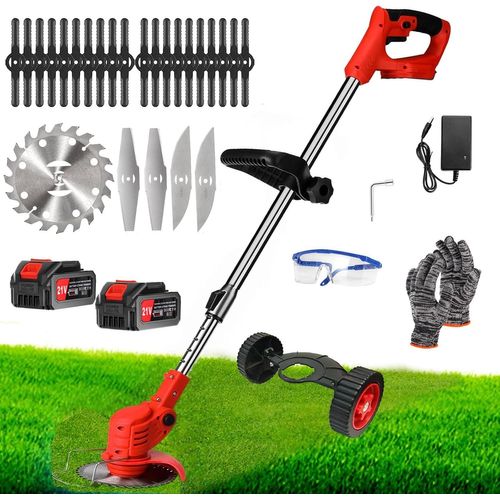 Débroussailleuse Electrique sans Fil 21V 4.0Ah Coupe Bordure avec 2 Batterie et Chargeur Taille Bordure avec Roues & 3 Types De Lames,Légère à Faible Bruit pour La Coupe De Jardin, Pelouses Arbustes
