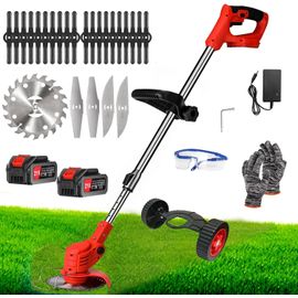 Débroussailleuse Electrique sans Fil 21V 4.0Ah Coupe Bordure avec 2 Batterie et Chargeur Taille Bordure avec Roues & 3 Types De Lames,Légère à Faible Bruit pour La Coupe De Jardin, Pelouses Arbustes