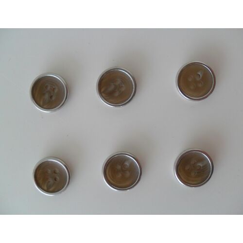 Lot De 6 Boutons En Plastique Marron Marbré Et Tour En Métal Argent. 1,6 Cm