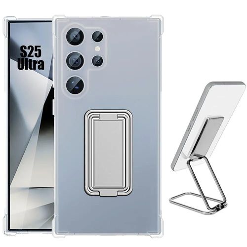 Coque Pour Samsung Galaxy S25 Ultra - Silicone Antichoc Transparent Avec Support Réglable Métal Argenté - E.F.Connection