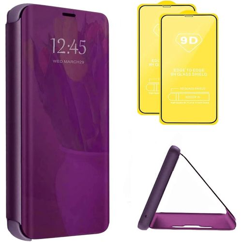 Compatible Avec Coque Samsung Galaxy M11 (Eur) Flip Clear View Translucide Miroir Cover Standing 360°Housse Étui Antichoc Smart Cover Bumper + Film Verre Trempé 2 Pièce-Violet