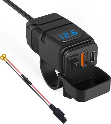 Mevronisshop-Chargeur De Moto, Type C Pd Et Qc3.0 Prise Usb Pour Voiture 12 V/24 V Étanche Avec Interrupteur Et Voltmètre Led Pour Suv Marin Bateaux (Bleu : Usb + Type C)