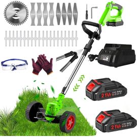 Débroussailleuse Electrique Bordure,Coupe Bordure sans Fil avec Batterie 21V avec 2 Batterie De 2.0 Ah et 1 Chargeur Rapide & 4 Types De Lames Et De Roues pour Jardin Et Cour