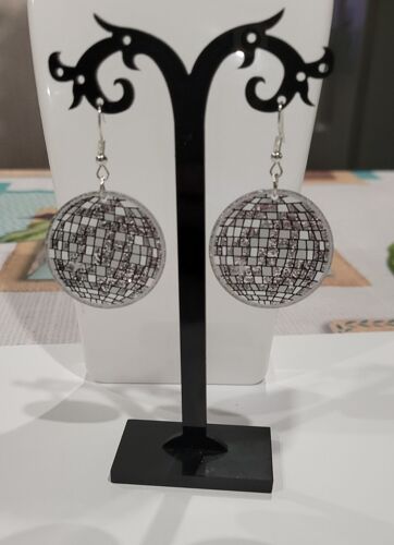 Boucles D'oreilles Theme Disco Annee 80 Boule A Facette Argente Paillete !