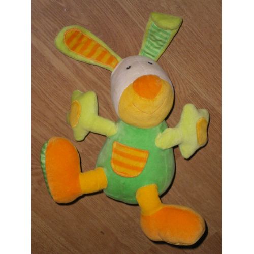 Doudou Peluche Babysun Lapin Rabbit Bunny Lièvre Coloré À Grelot Vert Jaune Baby Sun 25 Cm