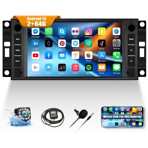 2G+64G Android 13 Car Stereo for Jeep Dodge Grand Caravan Chrysler JK,7'' Touchscreen Jeep Dodge Grand Car Radio with Mirror Link,WiFi/GPS,Bluetooth,FM/RDS,SWC,HiFi,Dual USB+Backup Camera