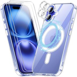 Hqselection® Coque Magnétique Compatible Avec Magsafe Pour Iphone 16 6,1 Pouces, Avec 2 Verres Trempés Et 2 Caméra Protecteur,Transparent