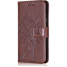 Coque Pour Samsung Galaxy Core Prime, Etui En Cuir Pu Portefeuille, Antichoc Flip Case Housse Rétro Emboss Série De Chat Et D'arbre Pour Samsung Galaxy Core Prime - Café