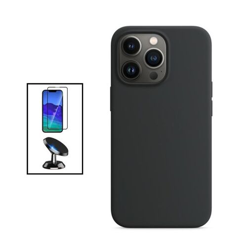 Kit Film Verre Trempé 5D Full Cover + Coque Silicone Liquide + Support Magnétique de Voiture pour Apple iPhone 14 Pro Max - Noir